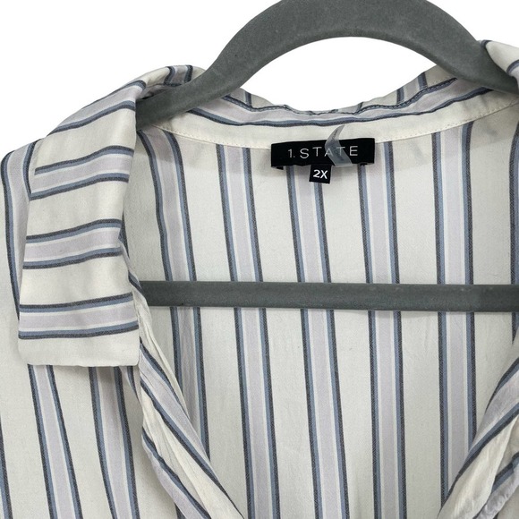 1.State White Blue Striped Button-Up Tied-Waist Blouse 2X U-008 - Picture 3 of 6